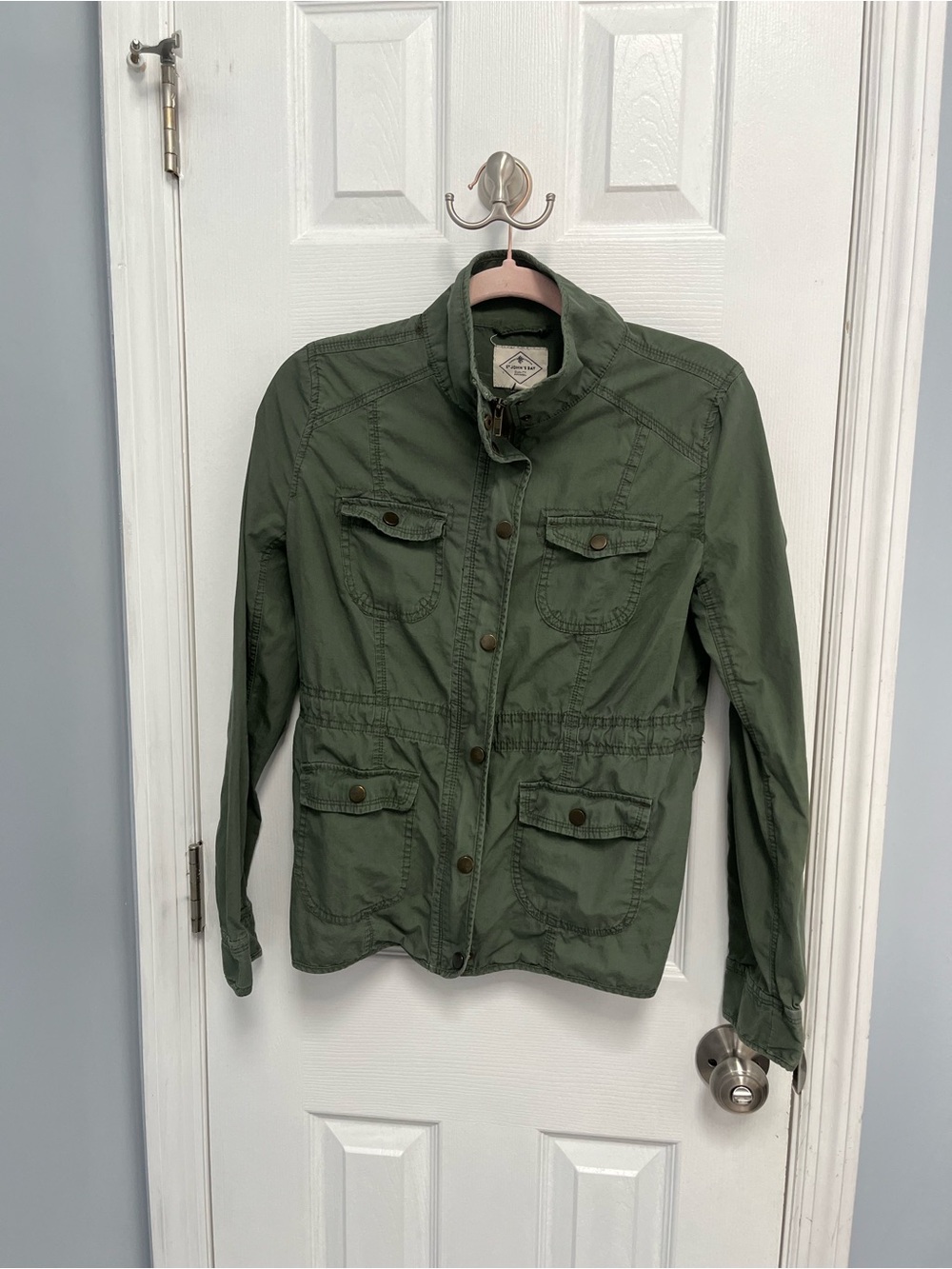 St Johns Bay Womens Utility Field Jacket Olive Green Cotton Zip Snap Small